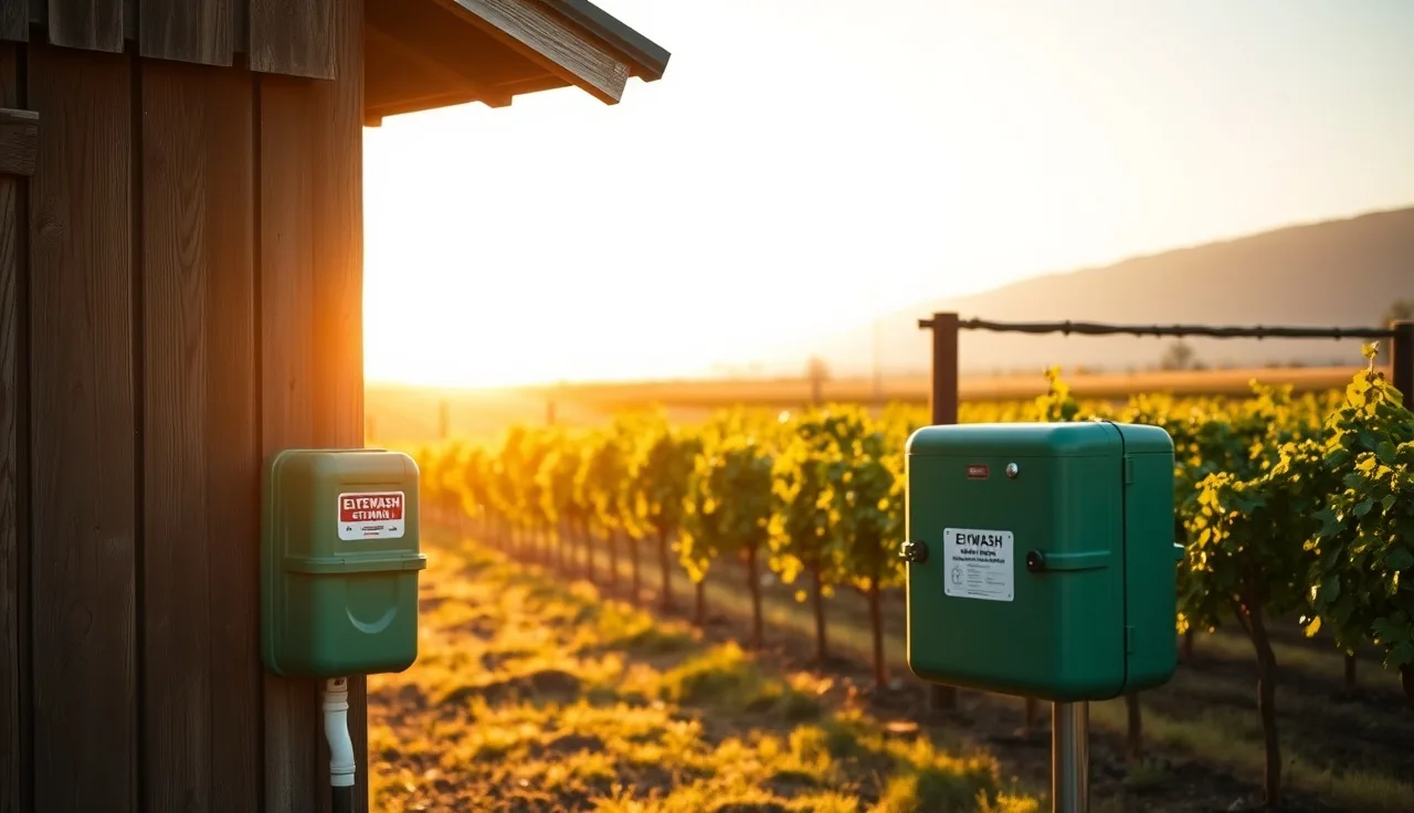 Green portable eyewash station outside a vineyard chemical storage shed with grapevines behind it