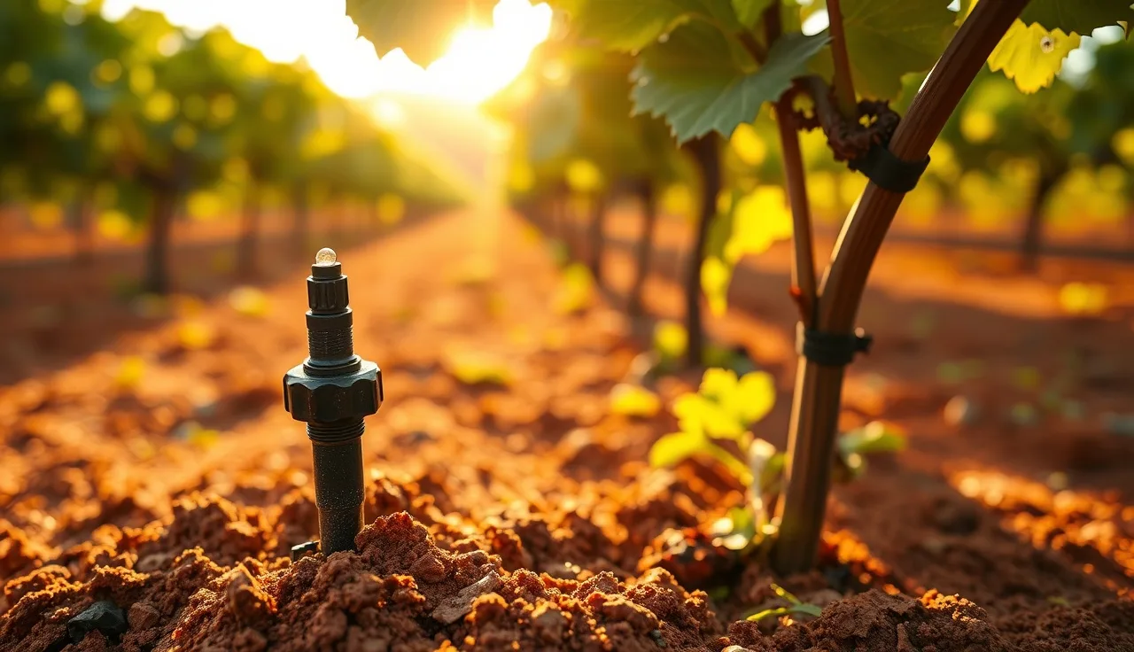 Drip emitter at grapevine base delivering water for nitrogen fertigation