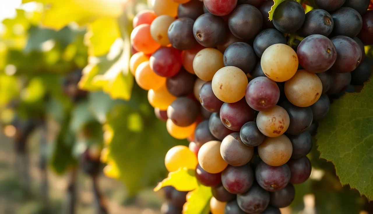 Wine grape cluster at veraison with berries half colored and half green in vineyard
