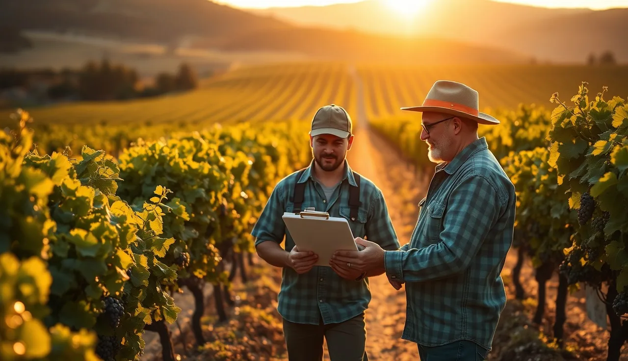 Harvest crew workers reviewing compliance paperwork in a vineyard at dawn