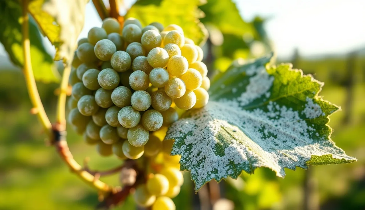 White powdery mildew colonies on a green grape cluster and leaf surface