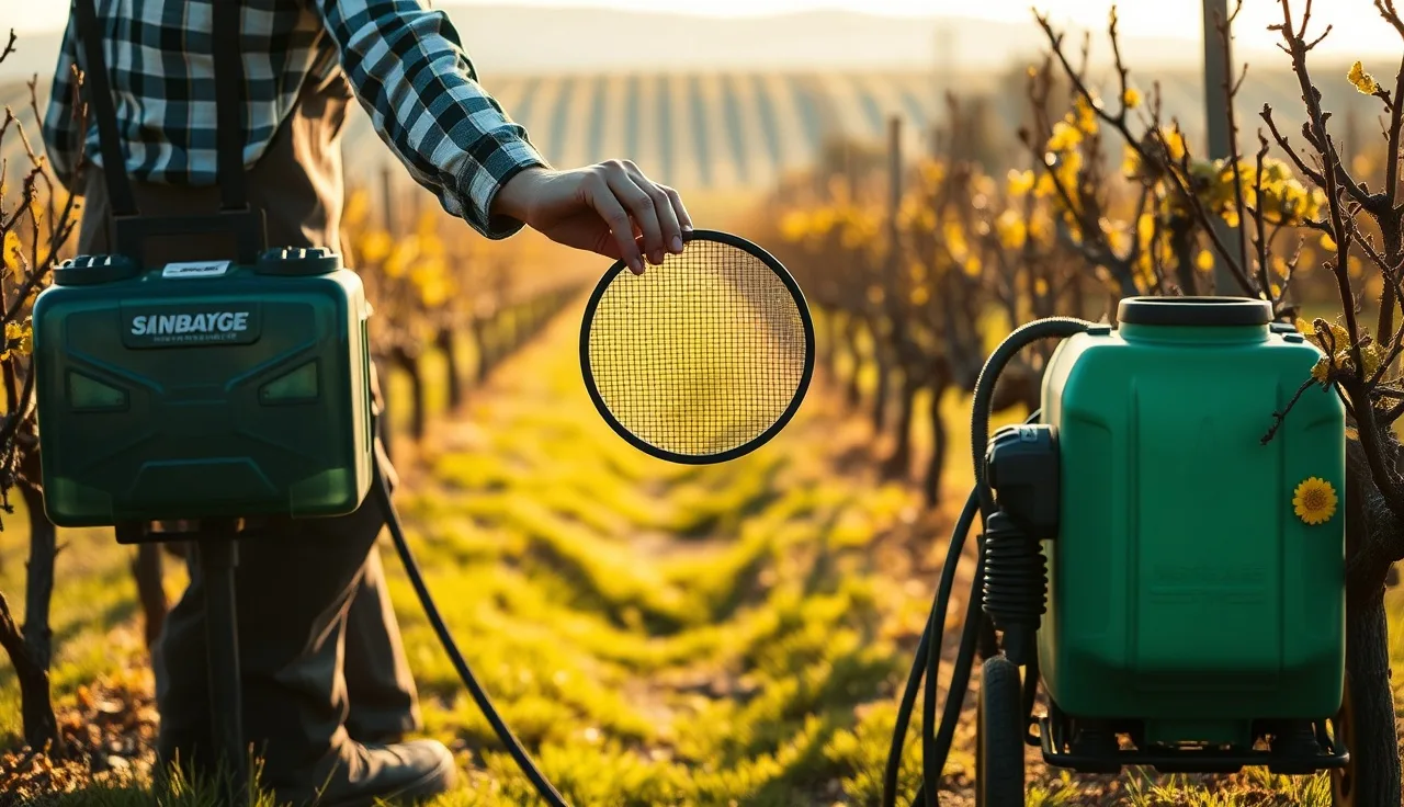Vineyard worker inspecting a mesh filter screen removed from an airblast sprayer