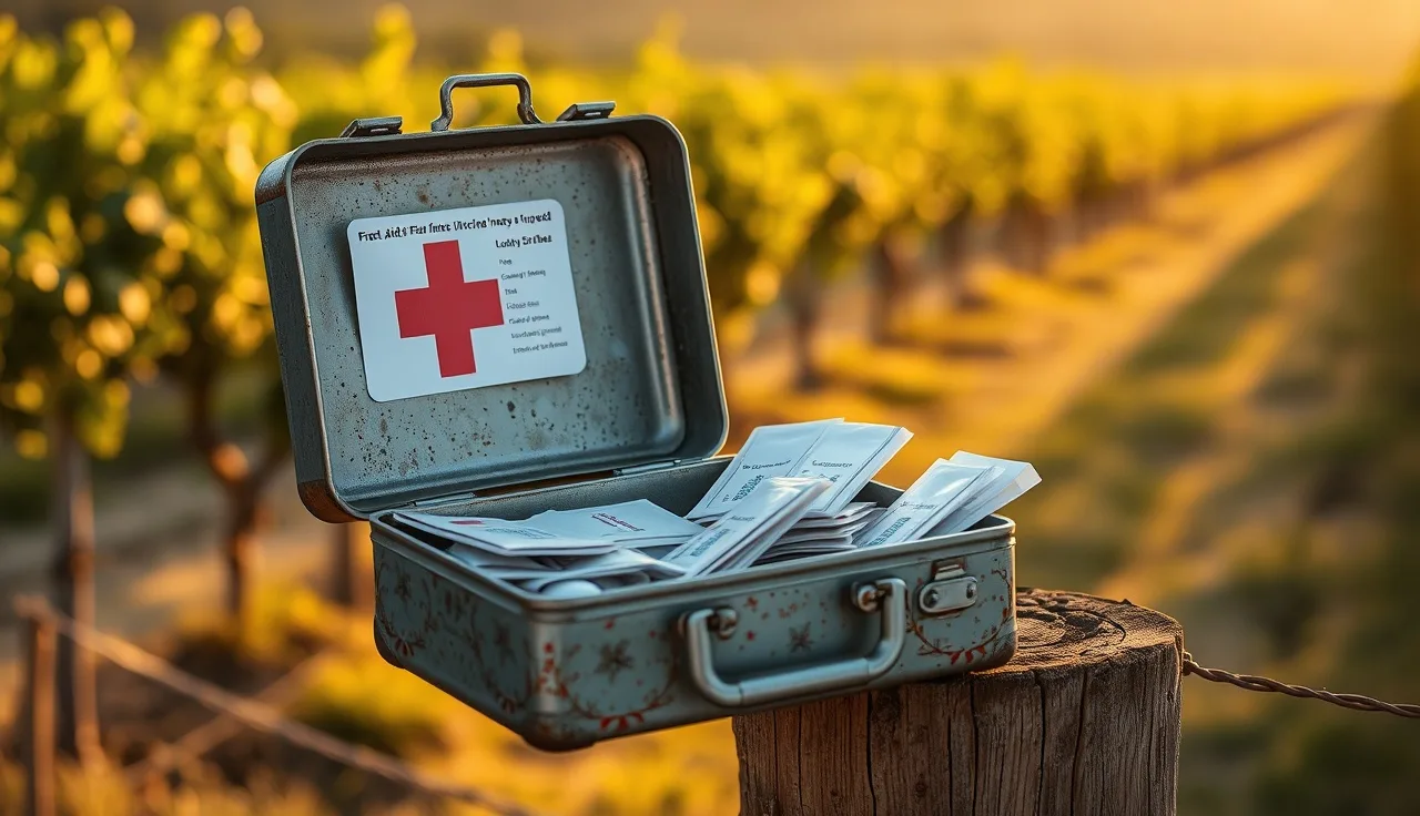Open field first aid kit mounted on a fence post between vineyard rows