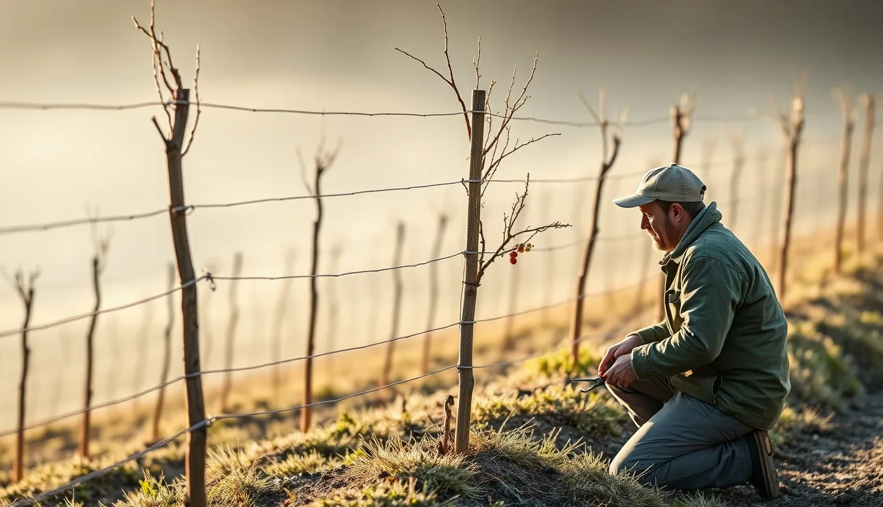 Vineyard worker pruning a young first year dormant grape vine tied to a bamboo stake