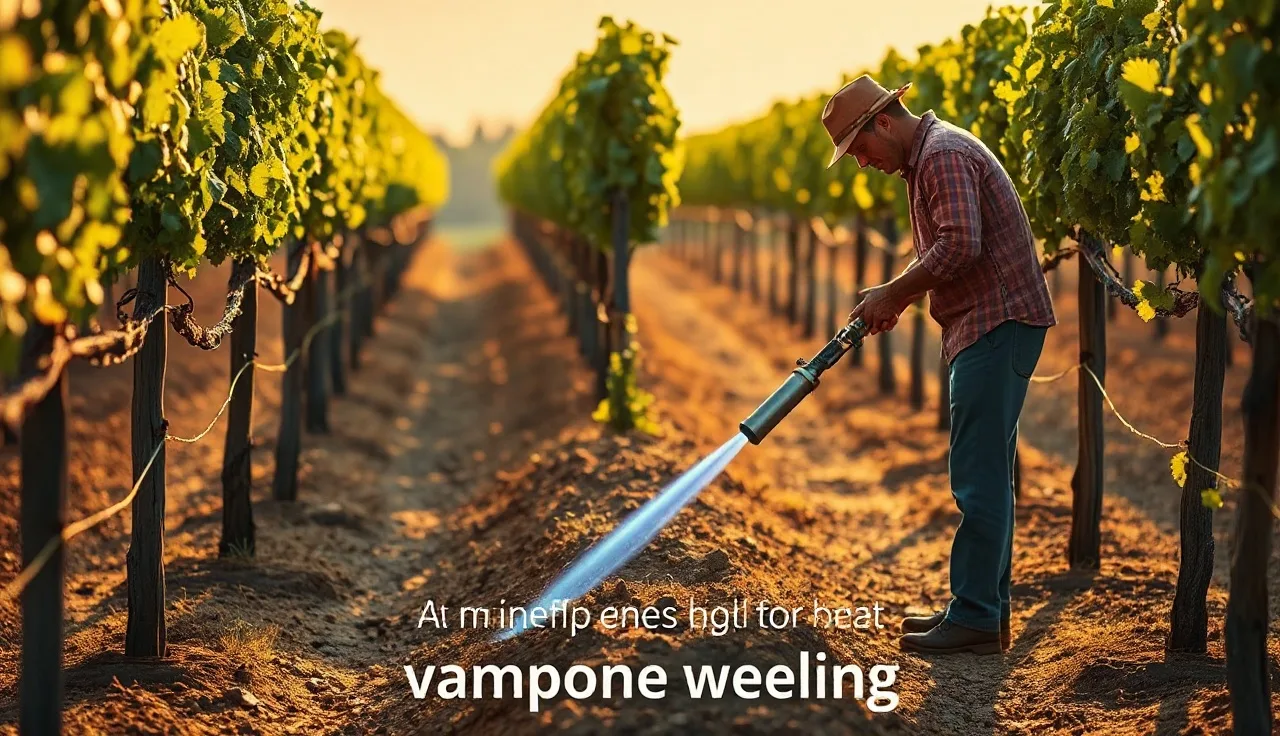 Operator using a propane flame weeder between grapevine rows at sunrise