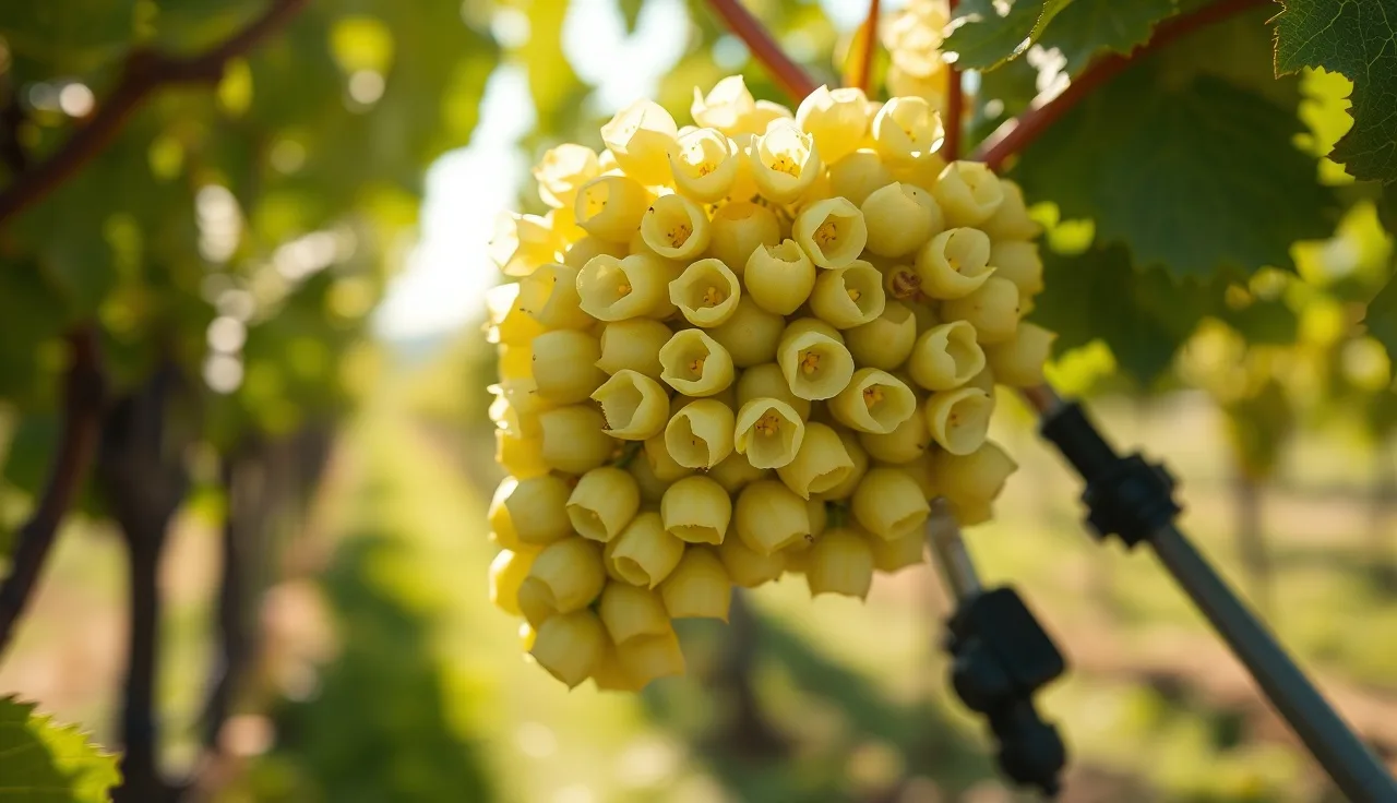 Open Chardonnay grape flowers at bloom with foliar spray nozzle nearby