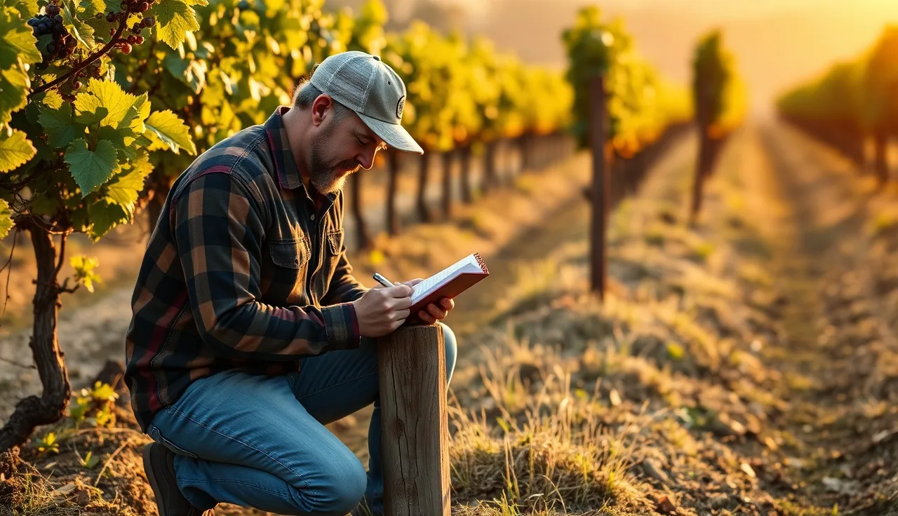 Vineyard manager recording field notes among grapevine rows at golden hour