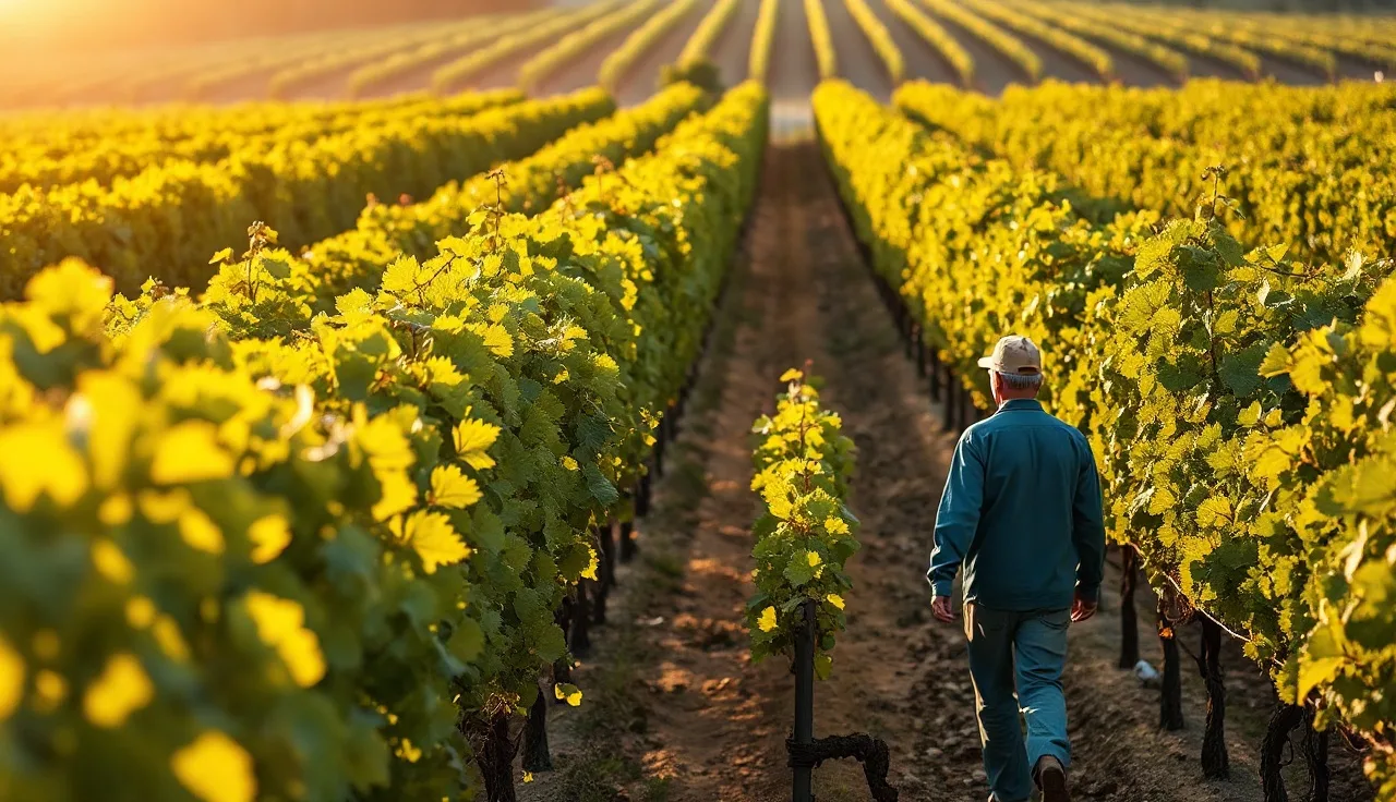 Vineyard manager walking between grape vine rows at sunrise for spray compliance inspection