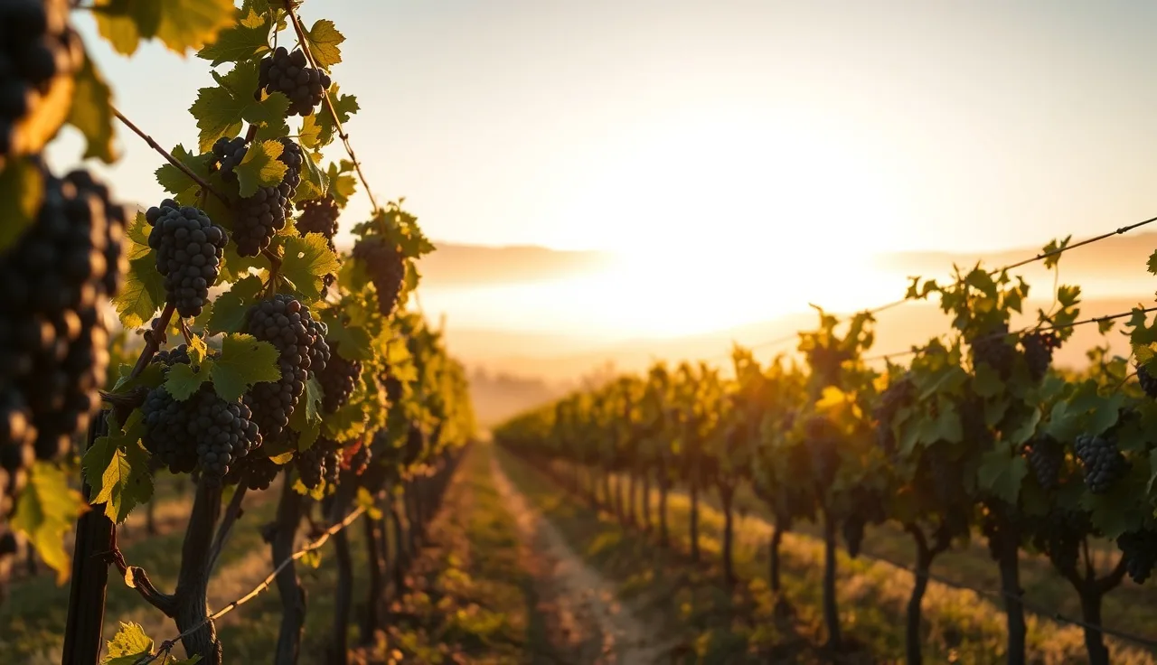 Cabernet Sauvignon clusters on cordon wires in early morning vineyard light