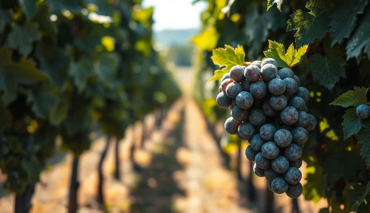 Grapevine cluster showing white powdery mildew on leaves in a vineyard row