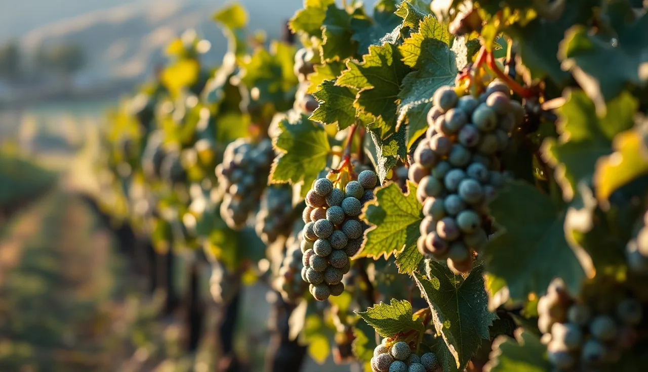 Grapevine leaves with powdery mildew coating in early morning vineyard light
