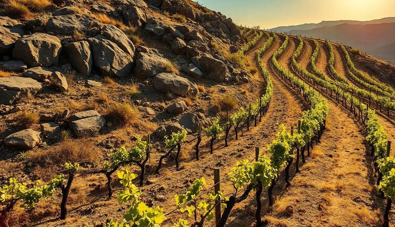 Old grapevines growing through fractured dark gabbro rock on a dry vineyard hillside
