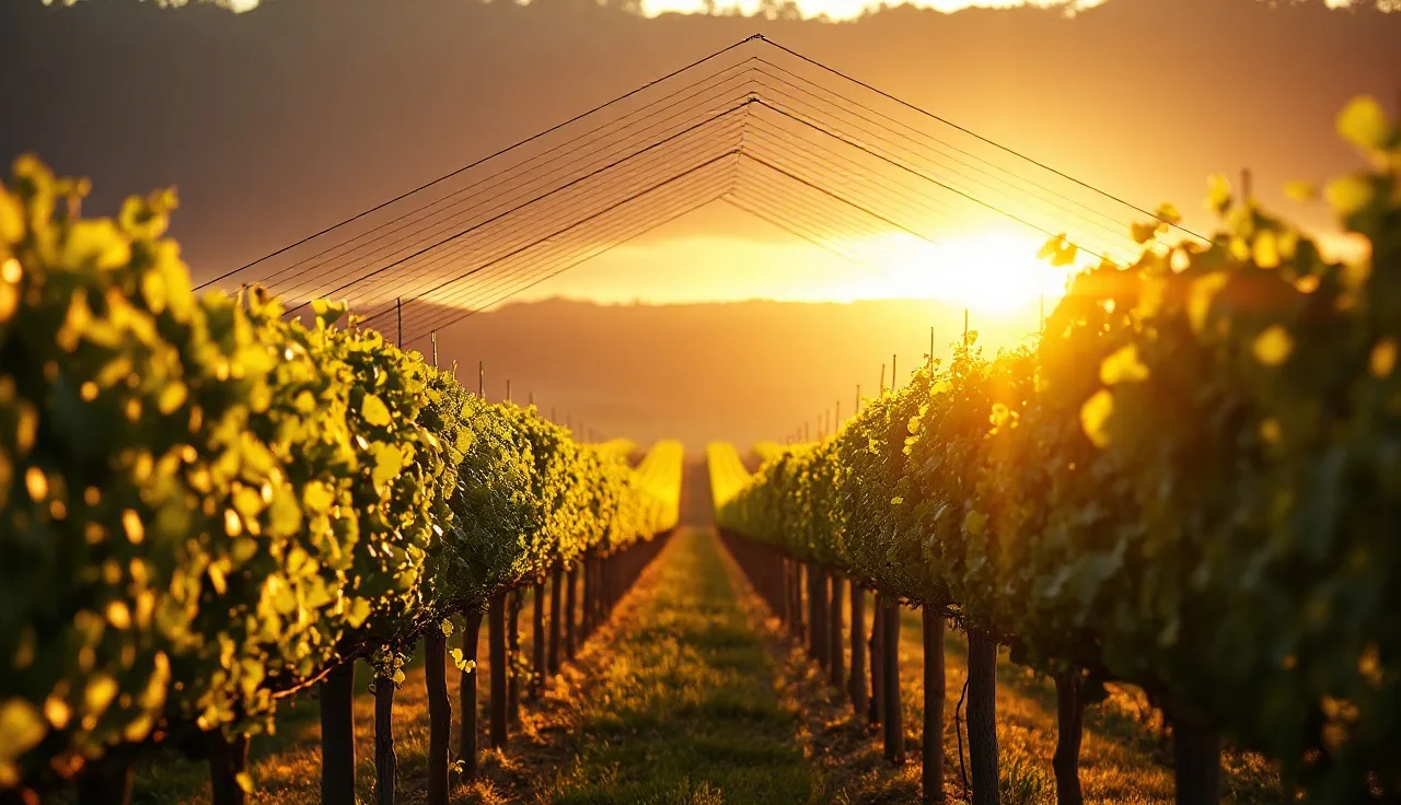 Open gable trellis vineyard row with V-shaped canopy in morning light