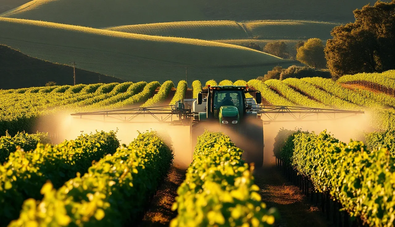 Airblast sprayer applying spray mist through dense green vineyard rows at dawn