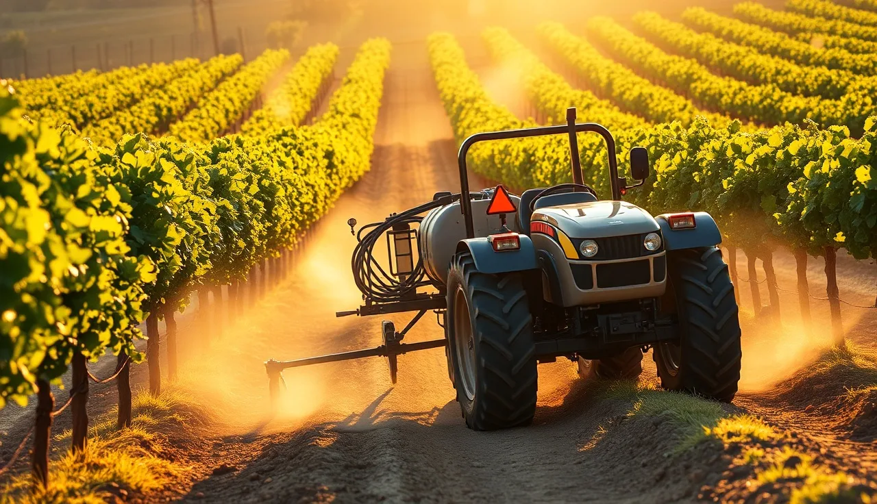 Tractor with air-blast vineyard sprayer applying mist to green grapevine rows at dawn
