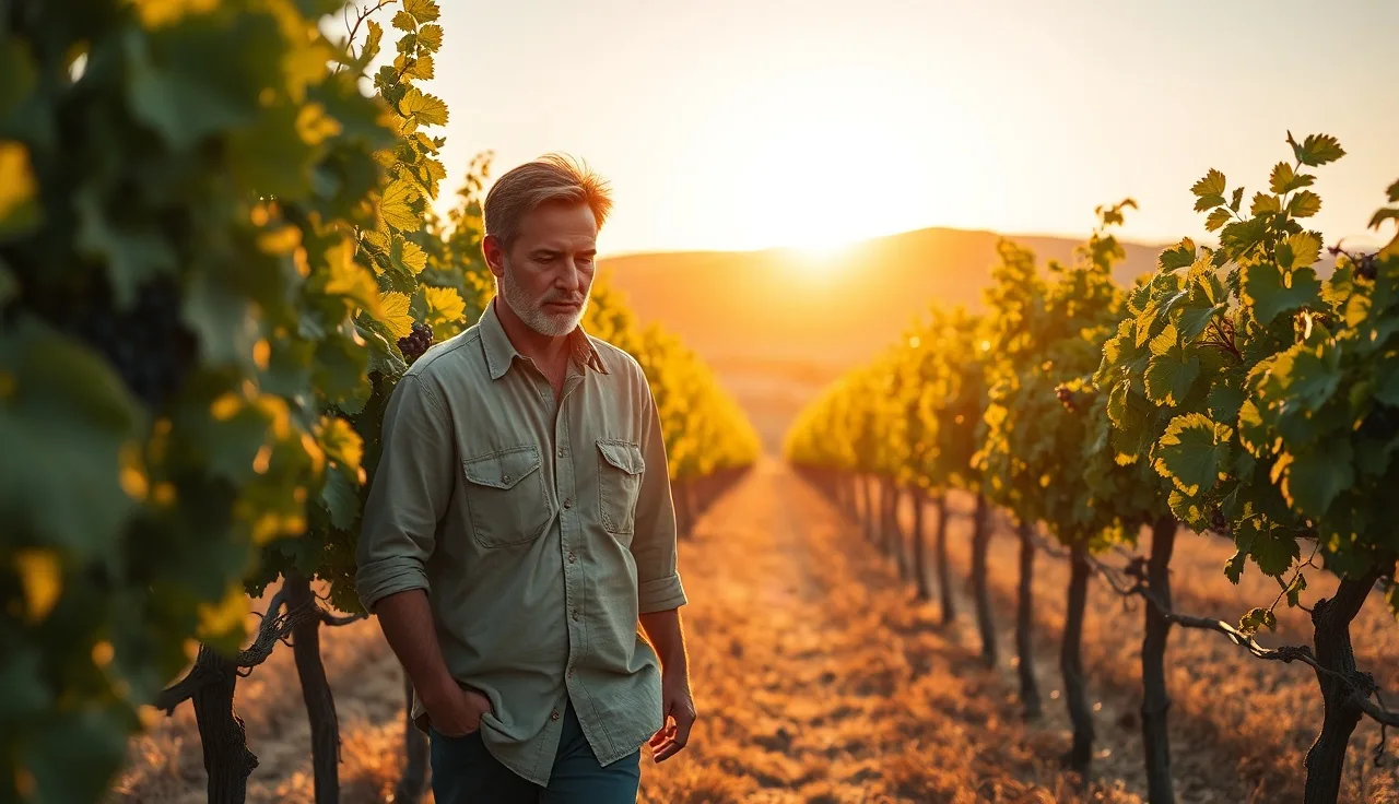 Vineyard manager examining grape clusters and canopy in a mature wine grape vineyard at sunset