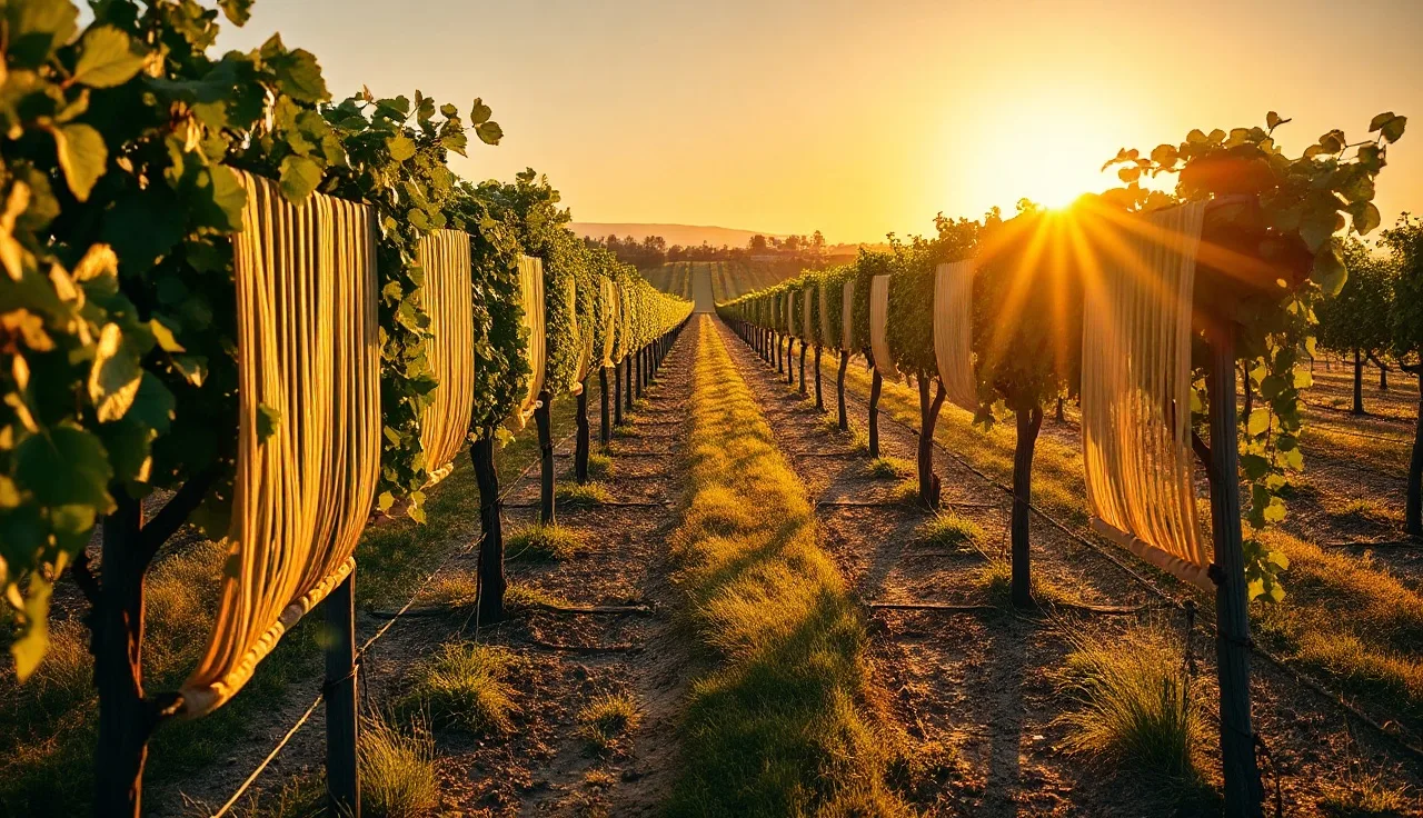 Two parallel GDC canopy curtains hanging from crossarm trellis wires in summer vineyard