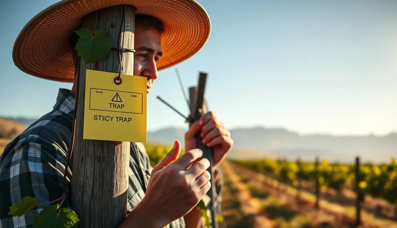 Vineyard worker checking a yellow sticky GWSS monitoring trap on a vine post