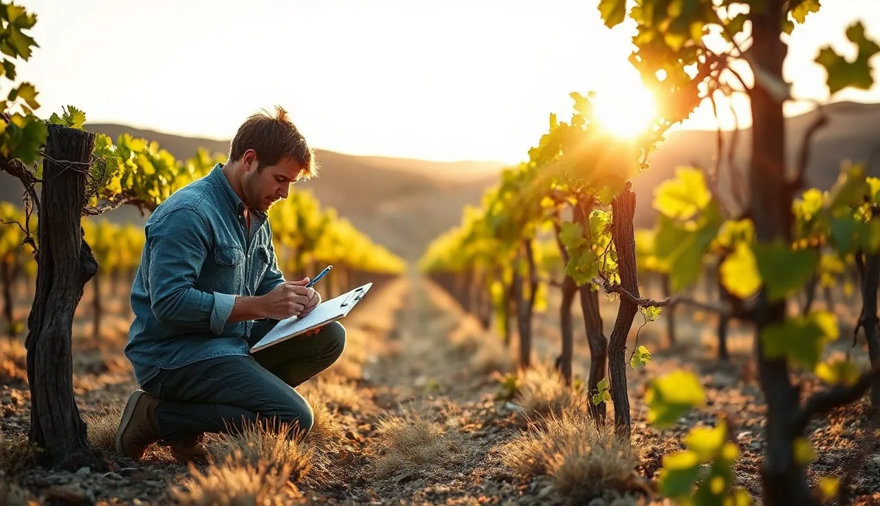 Vineyard worker recording glyphosate spray data on a clipboard between dormant vine rows