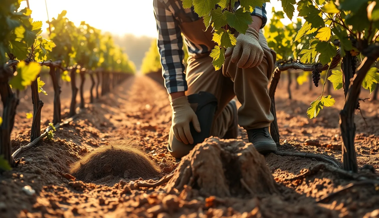 Vineyard worker checking a gopher trap beside fresh mound between vine rows at dawn