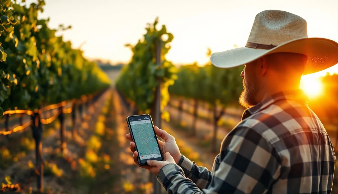 Vineyard manager checking GPS map of vine blocks on smartphone between grape rows