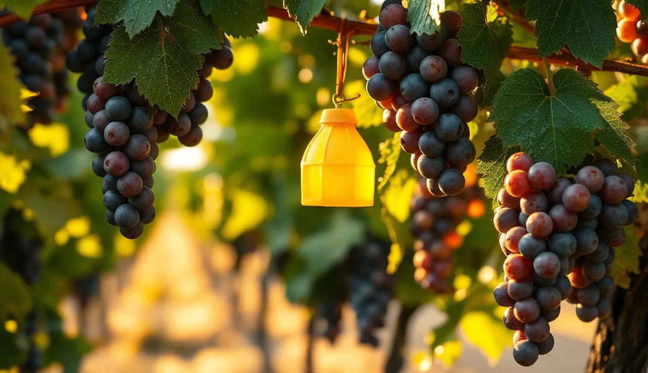 Pheromone trap hanging among grape clusters in a vineyard row at dawn
