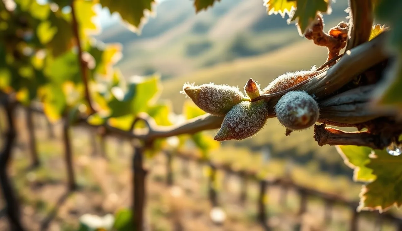 Grape vine buds at green tip stage showing bud break in spring vineyard