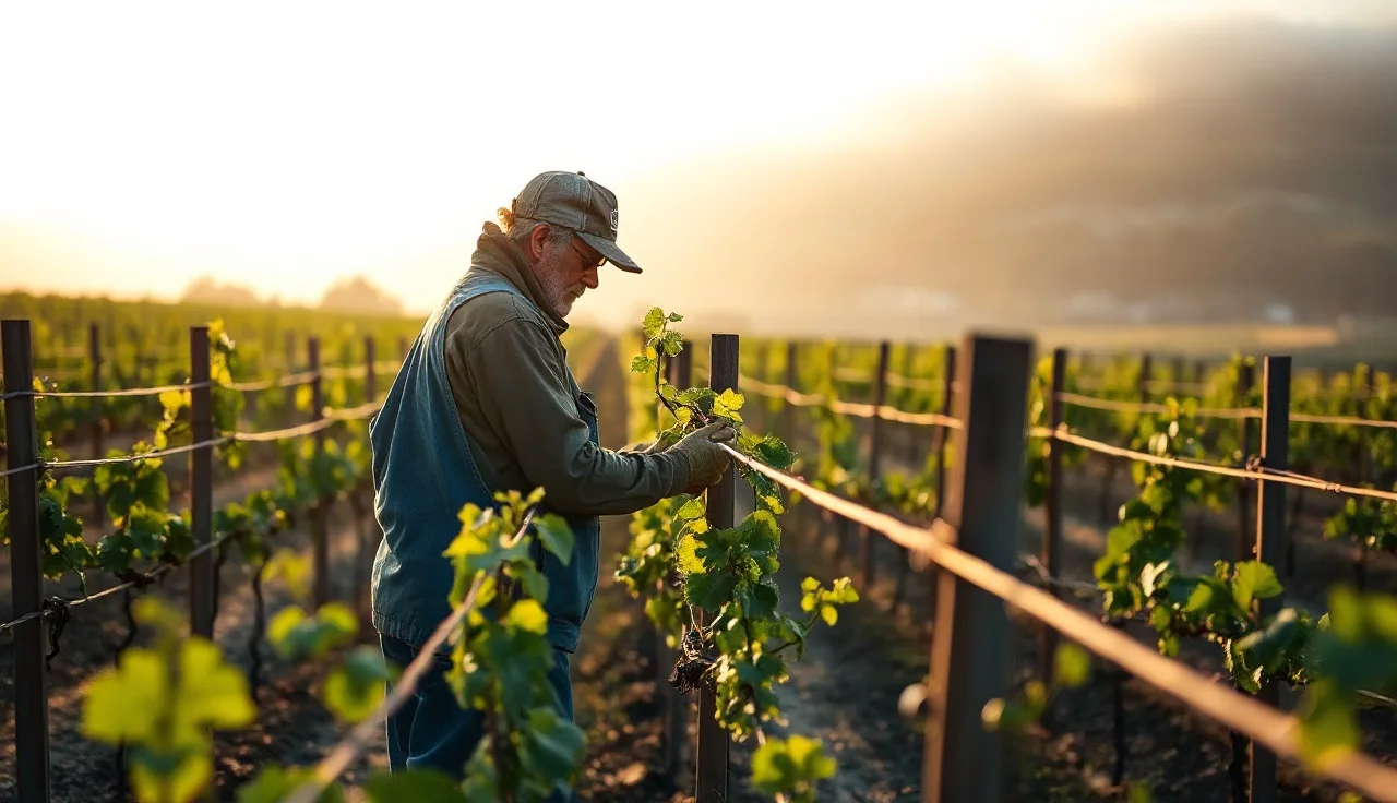 Vineyard worker positioning grapevine shoots into VSP trellis wires at dawn