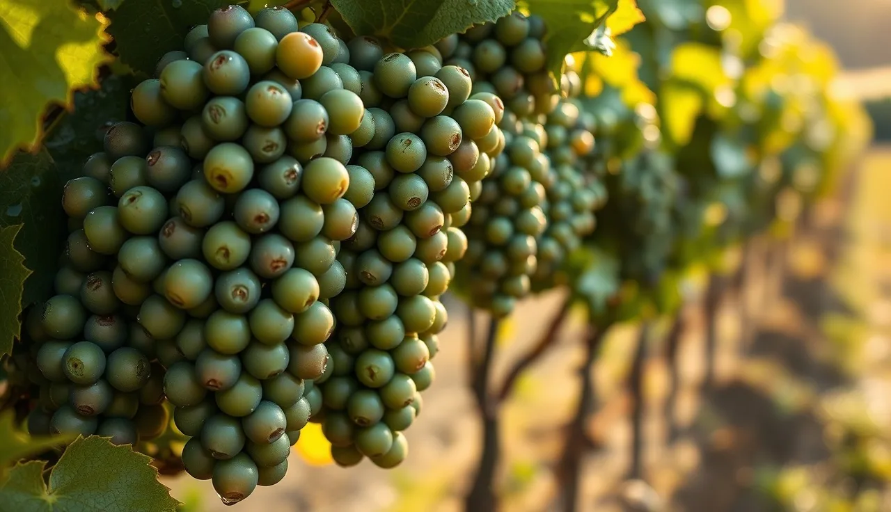 Dense green grape clusters with water droplets showing fungal infection risk after fruit set