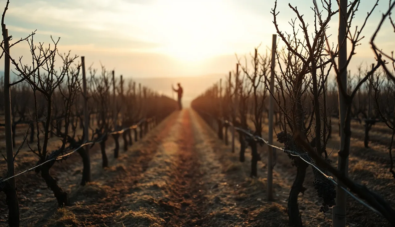 Vineyard worker pruning dormant grapevines at dawn in a foggy wine region