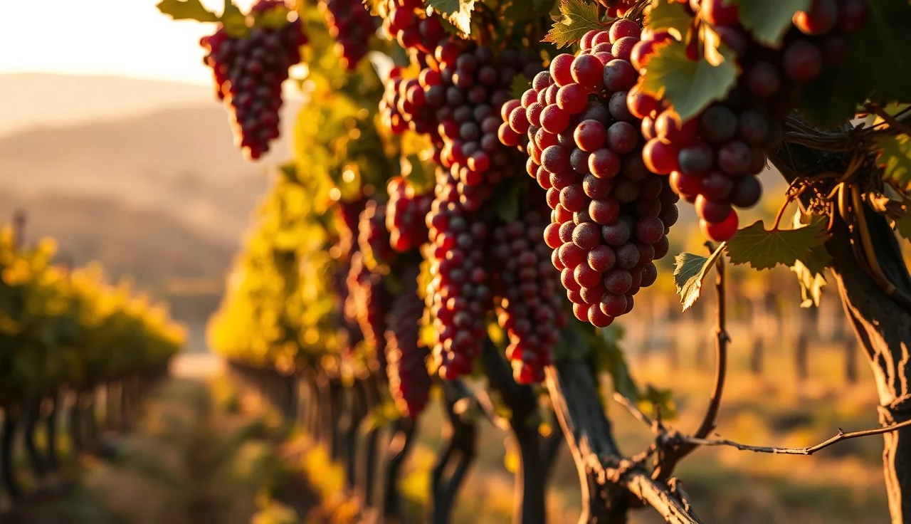 Ripe red wine grape clusters hanging on vineyard vines at dawn during harvest season