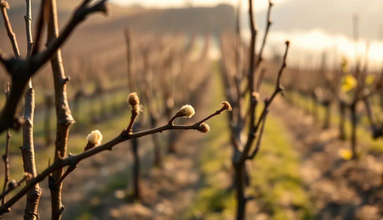 Grapevine canes in early spring with buds beginning to swell at bud break stage