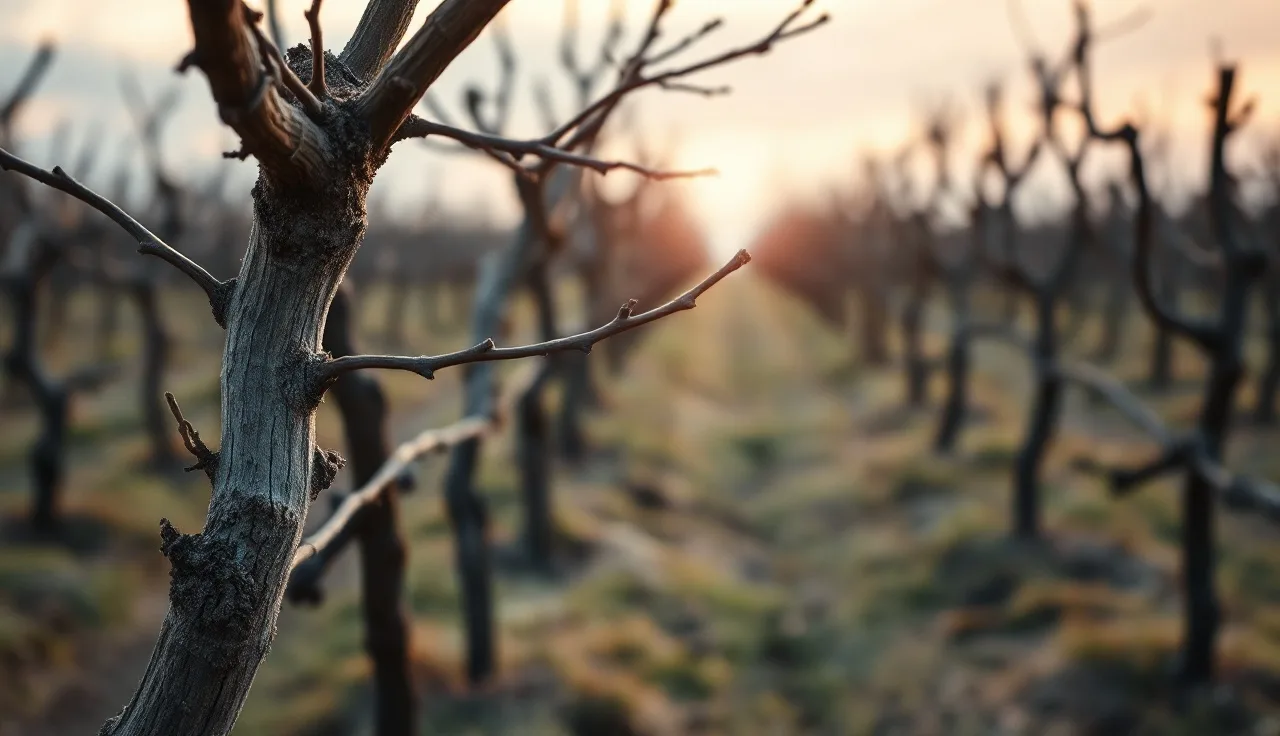 Dormant grapevine cordon showing bleached bark patches from powdery mildew cankers at dawn