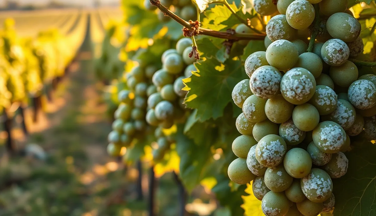White powdery mildew colonies on Chardonnay grape clusters in a vineyard row