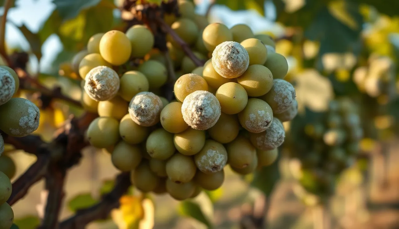 Chardonnay cluster with visible powdery mildew infection on berries at early fruit set