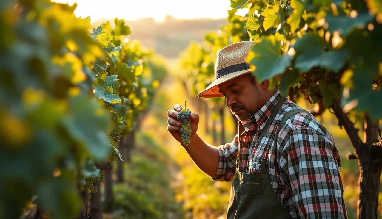 Vineyard worker inspecting young grape clusters for powdery mildew symptoms at dawn