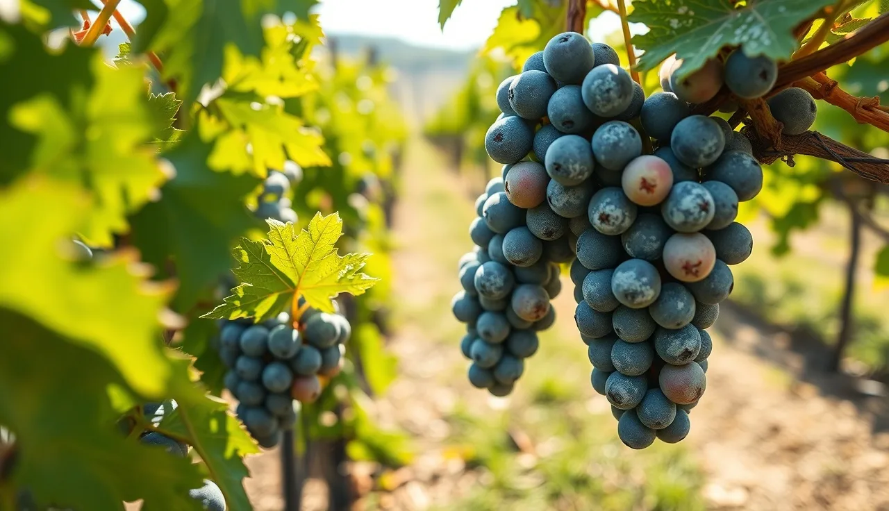 White powdery mildew coating on grapevine leaves and young berries in a vineyard