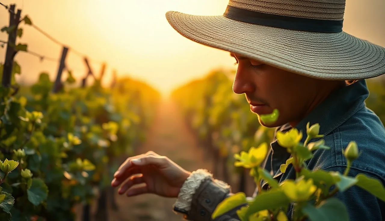Vineyard worker inspecting young grape shoots for powdery mildew signs at dawn