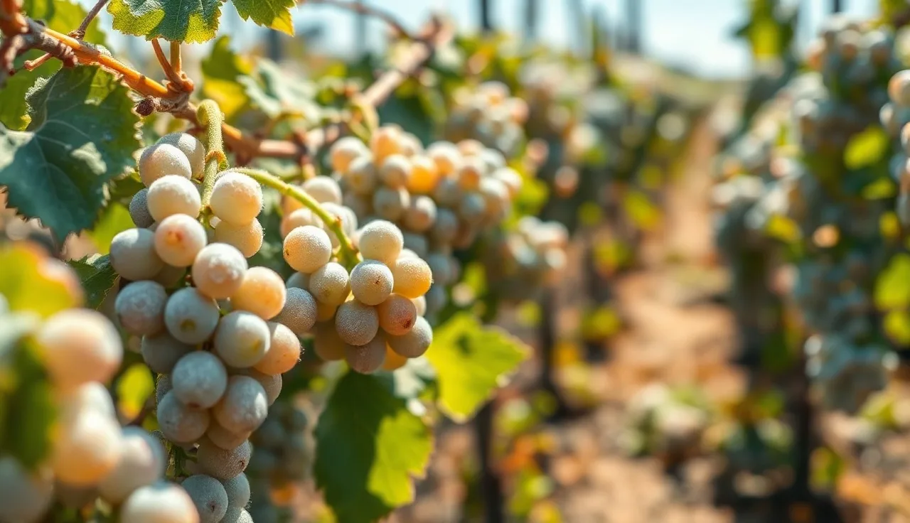 White powdery mildew coating on young grape clusters and green shoot tips in a vineyard