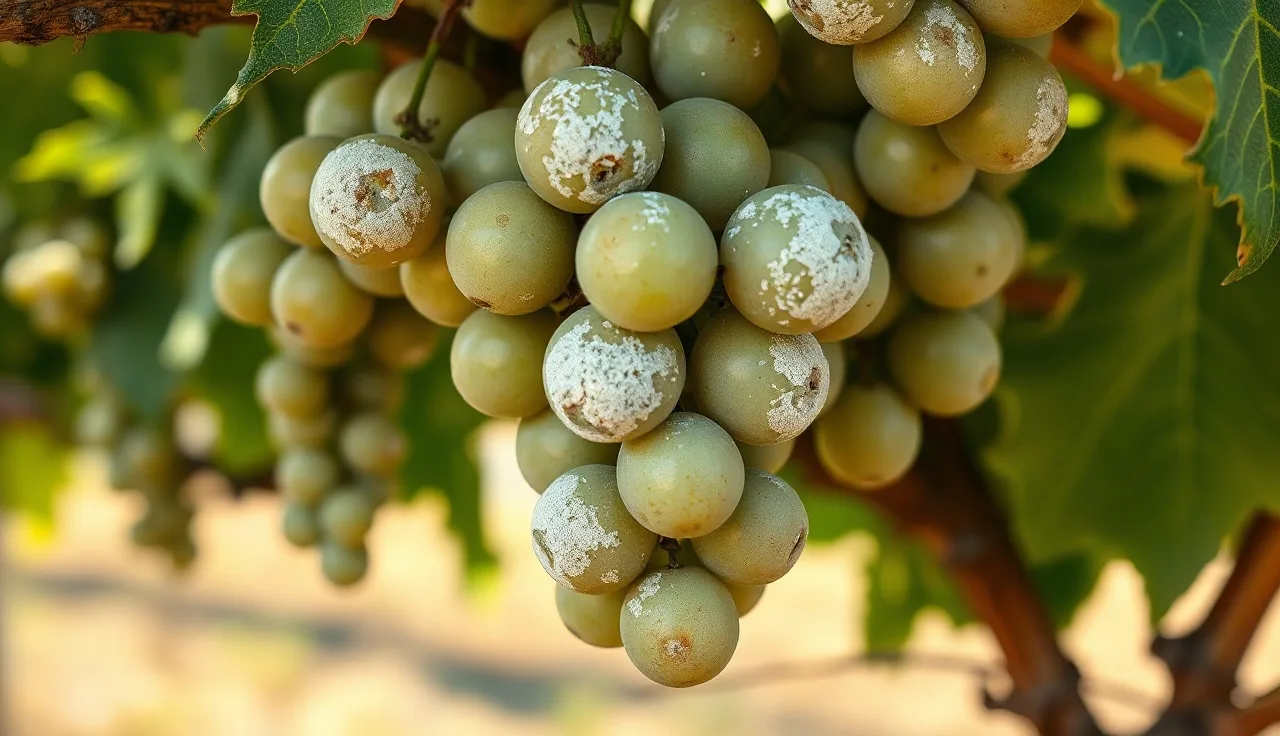 White powdery mildew colonies covering green grape berries on a vineyard vine