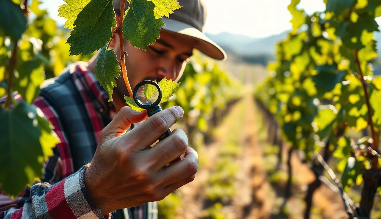Vineyard scout examining grape leaf underside for powdery mildew colonies at dawn