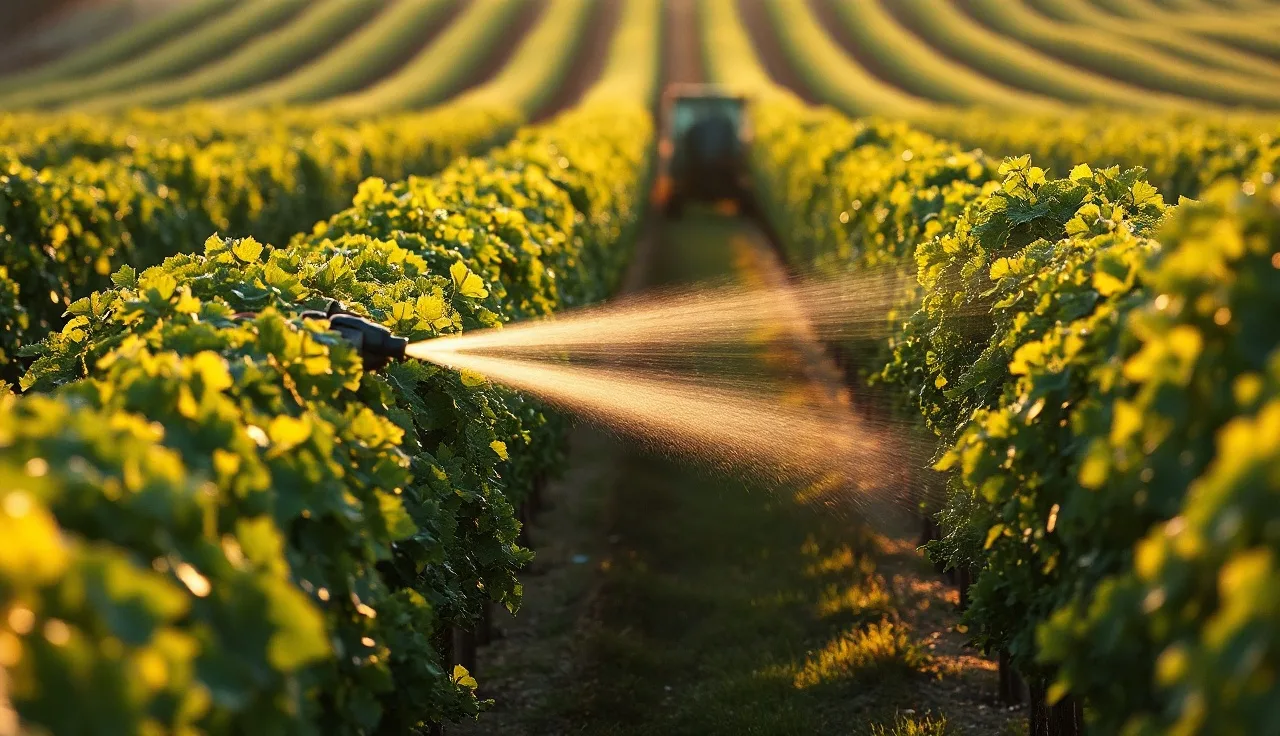 Airblast sprayer applying fungicide to green vineyard rows at dawn