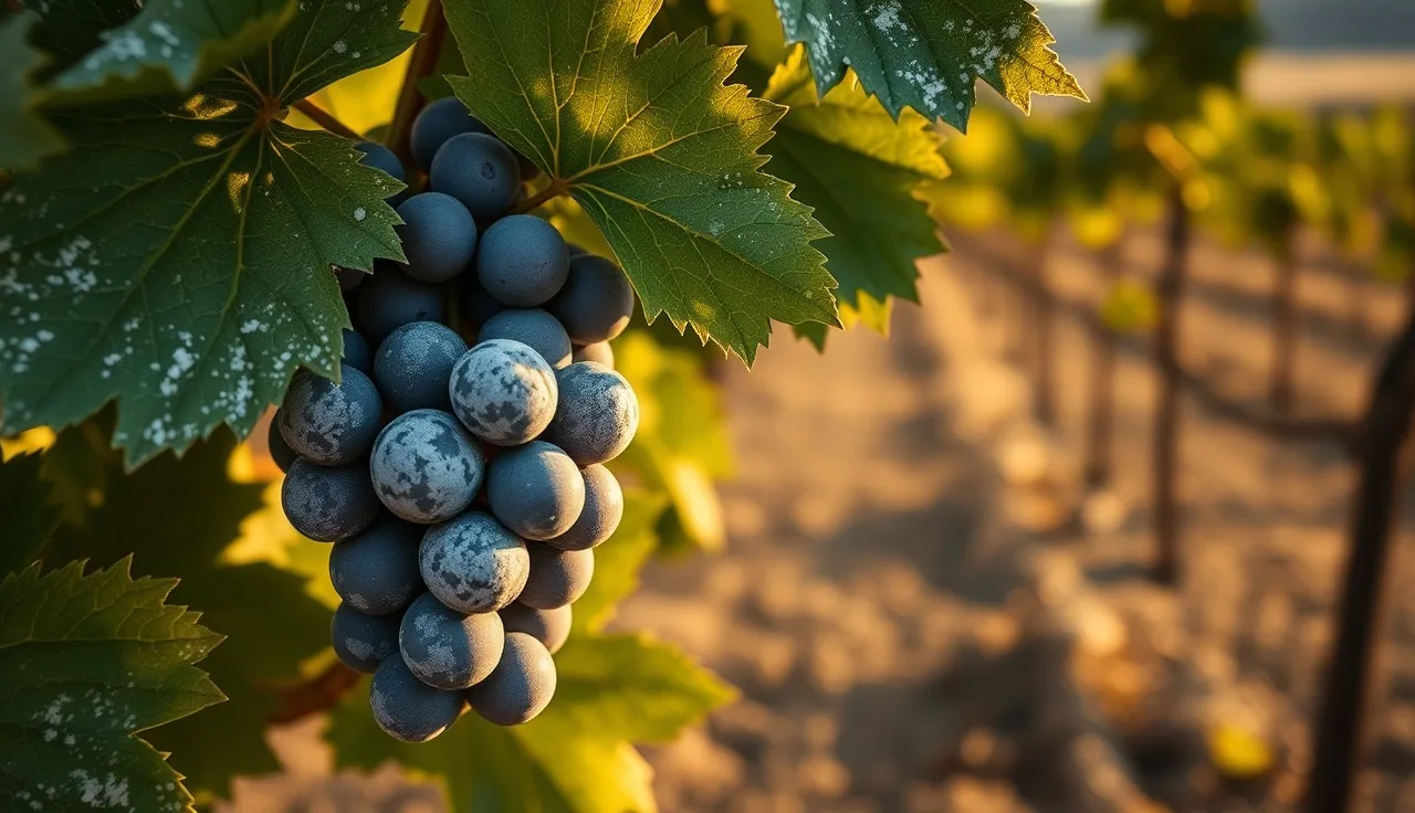 White powdery mildew fungal growth on grape leaves and cluster in a Washington vineyard