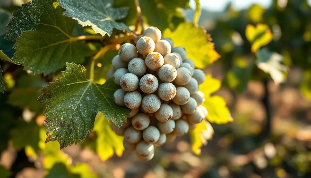 White powdery mildew coating on grape cluster and leaves in a vineyard