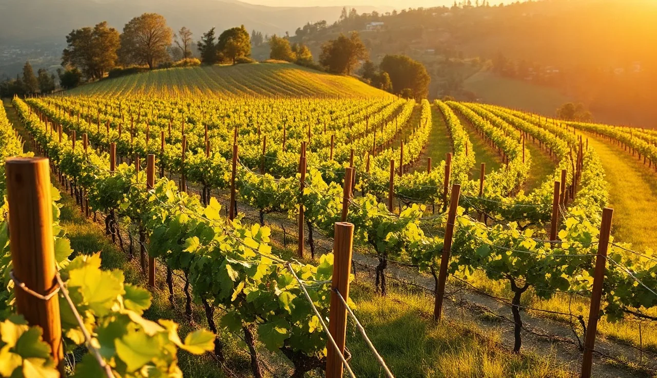 Rows of VSP-trained grapevines on wood and steel trellis posts in a California vineyard at golden hour