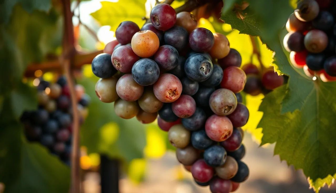 Grape cluster showing véraison with berries changing from green to red on the vine