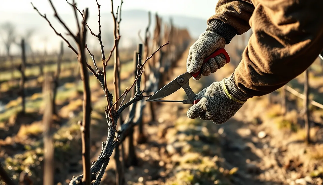 Vineyard worker pruning a dormant grapevine cordon on a winter morning