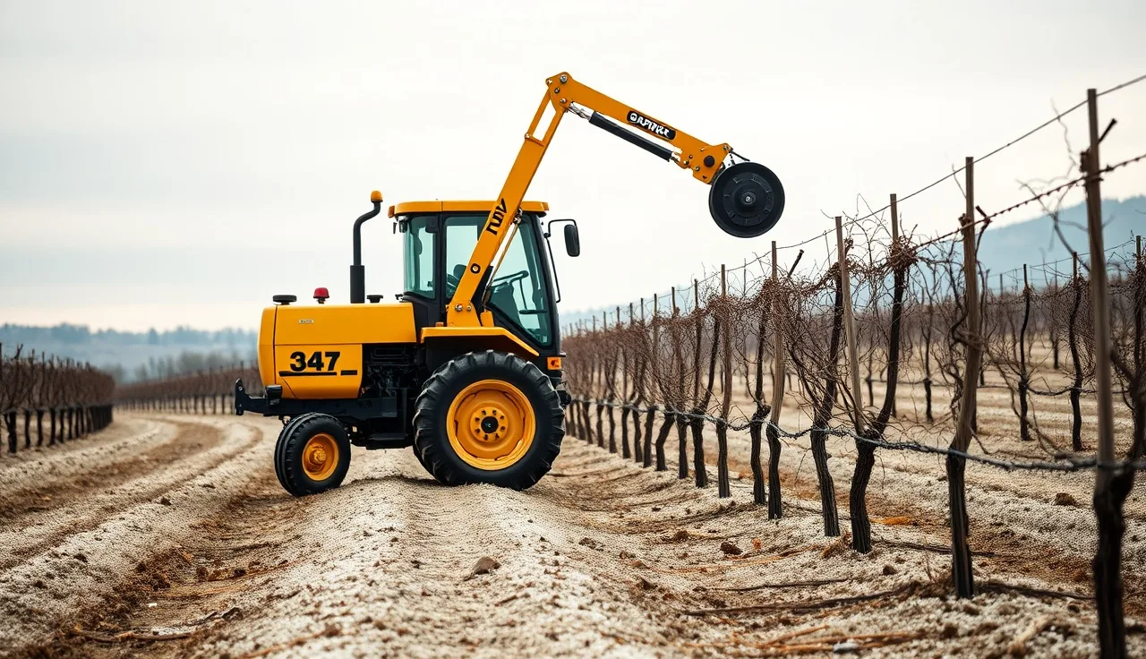 Tractor-mounted mechanical grape vine pruning machine working a dormant winter vineyard row