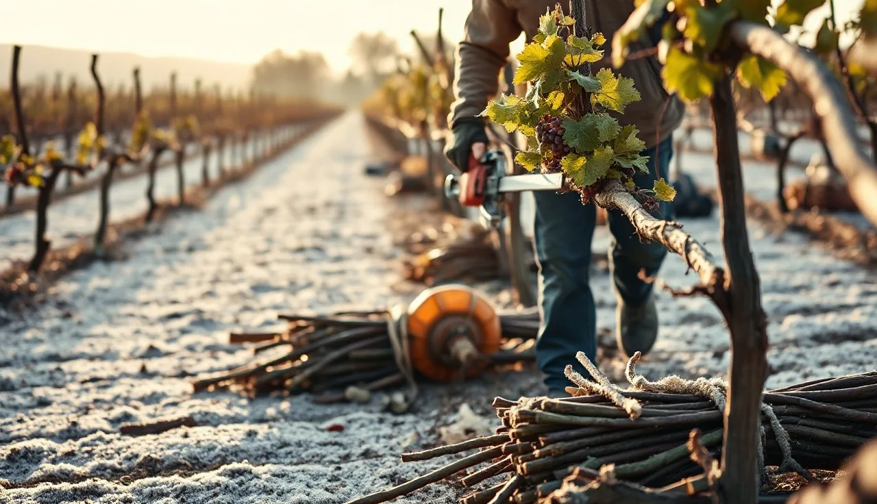 Vineyard worker pruning dormant grapevines on a cordon-trained row in winter