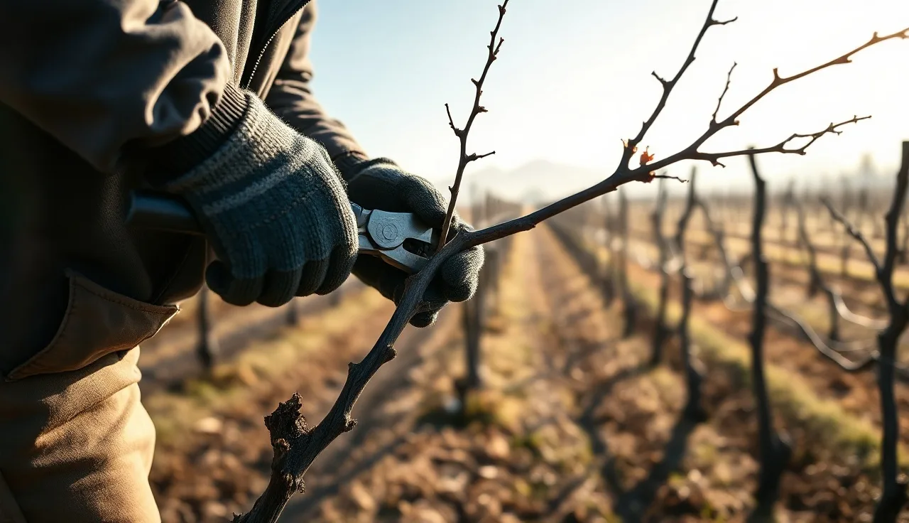 Vineyard worker pruning a dormant grapevine cordon on a foggy winter morning